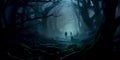 haunted forest with fog rolling through the trees and mysterious figures lurking in the shadows. Generative Ai Royalty Free Stock Photo