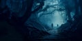 haunted forest with fog rolling through the trees and mysterious figures lurking in the shadows. Generative Ai Royalty Free Stock Photo