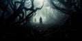 haunted forest with fog rolling through the trees and mysterious figures lurking in the shadows. Generative Ai Royalty Free Stock Photo