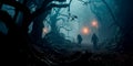 haunted forest with fog rolling through the trees and mysterious figures lurking in the shadows. Generative Ai Royalty Free Stock Photo