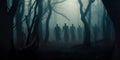 haunted forest with fog rolling through the trees and mysterious figures lurking in the shadows. Generative Ai Royalty Free Stock Photo