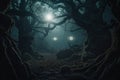 haunted forest with twisted trees and glowing eyes peeking out from the darkness Royalty Free Stock Photo