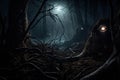 haunted forest with twisted trees and glowing eyes peeking out from the darkness Royalty Free Stock Photo