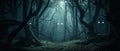 haunted forest with twisted trees and glowing eyes peeking out from the darkness Royalty Free Stock Photo