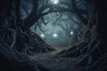 haunted forest with twisted trees and glowing eyes peeking out from the darkness Royalty Free Stock Photo