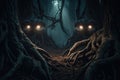 haunted forest with twisted trees and glowing eyes peeking out from the darkness Royalty Free Stock Photo