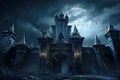 Haunted gloomy Gothic castle at night, old palace in rain on Halloween Royalty Free Stock Photo