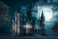 Haunted Gothic castle at night, old spooky citadel in fool moon, generative AI