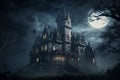 Haunted Gothic castle at night, old spooky mansion un full moon, generative AI Royalty Free Stock Photo