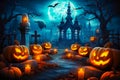 Haunted Halloween Background: Pumpkins and Castle in the Night