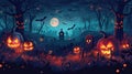 Haunted Halloween Forest with Pumpkins, Ghosts, and Jack-O\'-Lanterns in Cemetery, Illuminated by String Lights at Twilight Royalty Free Stock Photo