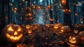 Haunted Halloween Forest with Pumpkins, Ghosts, and Jack-O\'-Lanterns in Cemetery, Illuminated by String Lights at Twilight Royalty Free Stock Photo