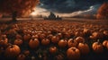 Haunted Halloween house at sunset in the middle of a pumpkin patch Royalty Free Stock Photo