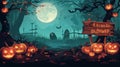 Haunted Halloween Scene: Graveyard, Pumpkins, Skeletons & Sign Board in Spooky Forest at Night Royalty Free Stock Photo