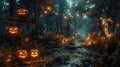 Haunted Halloween Scene: Graveyard, Pumpkins, Skeletons, and Sign Board in Spooky Forest at Night
