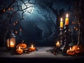 Haunted Harvest: Eerie Night on the Old Table with Candles and Branches Royalty Free Stock Photo