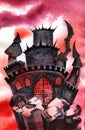 Haunted Horror Castle. Black Scary Palace. Witch`s House. Red Crimson Skies. Castle For Halloween On The Cliff. Hand Drawn