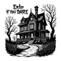 A haunted house with barren trees and a winding path, accompanied by the text Enter If You Dare