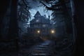 Haunted House in Creepy Forest at Night
