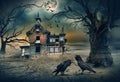 Haunted House with Crows and Horror Scene. Royalty Free Stock Photo