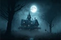 Haunted House with Dark Horror Atmosphere. Halloween Haunted Scene House. AI generated Royalty Free Stock Photo