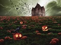 Haunted house and field with Halloween pumkings Royalty Free Stock Photo