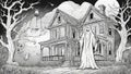 haunted house in forest black and white, coloring book page, A ghost with a sheet, haunting a house Royalty Free Stock Photo