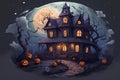 Stick 2D of a Halloween scene with the star light with Haunted Houses