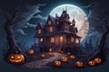 Halloween scene at Night light of Full Moon with a Haunted House