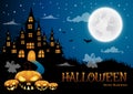 haunted house and full moon with pumpkin and ghost,Halloween night background Royalty Free Stock Photo
