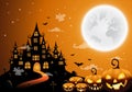 Haunted house and full moon with pumpkin and ghost,Halloween night background Royalty Free Stock Photo