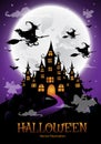 Haunted house and full moon with witch and ghost,Halloween night background. Royalty Free Stock Photo