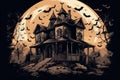 haunted house with ghosts and bats flying around it halloween scene Royalty Free Stock Photo