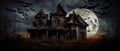 haunted house with ghosts and bats flying around it halloween scene