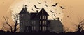 haunted house with ghosts and bats flying around it halloween scene Royalty Free Stock Photo