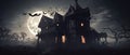 haunted house with ghosts and bats flying around it halloween scene Royalty Free Stock Photo