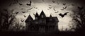 haunted house with ghosts and bats flying around it halloween scene Royalty Free Stock Photo