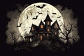 haunted house with ghosts and bats flying around it halloween scene Royalty Free Stock Photo