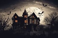 haunted house with ghosts and bats flying around it halloween scene Royalty Free Stock Photo