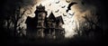 haunted house with ghosts and bats flying around it halloween scene Royalty Free Stock Photo