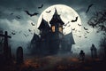 haunted house with ghosts and bats flying around it halloween scene Royalty Free Stock Photo