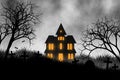 Haunted house and graveyard on the hill graphic design for Halloween Royalty Free Stock Photo