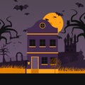 Haunted house on halloween night, vector illustration. Flat style scene with spooky abandoned house, flying bats fool