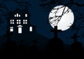 A haunted house on a hill above a graveyard with tombstones, horror blue sky and full moon and dead branches of a tree - for Hall Royalty Free Stock Photo