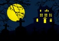 A haunted house on a hill above a graveyard with tombstones, horror blue sky and yellow full moon and dead branches of a tree - f Royalty Free Stock Photo