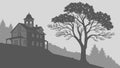 Haunted House on Hill with Bare Tree in Monochrome, vector design Generative AI Royalty Free Stock Photo