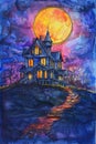 Haunted house on a hill, moonlit night colors, Watercolor, hand drawing