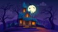 Creepy haunted house on a hill at night with a full moon. Halloween background Royalty Free Stock Photo