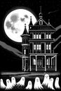 Haunted house at moonlit night and cute small ghosts Royalty Free Stock Photo