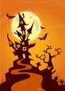 Haunted house on night background with a full moon behind. Vector Halloween background Royalty Free Stock Photo